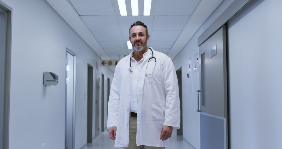 Confident Male Doctor Standing in Hospital Corridor with Stethoscope - Free Images, Stock Photos and Pictures on Pikwizard.com