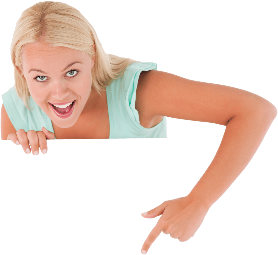 Smiling Blonde Woman Excitingly Pointing to Transparent Display