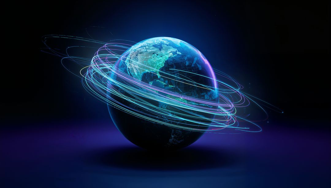 Rotating neon globe with data rings and holographic network connecting continents