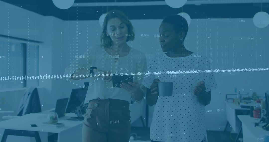 Business Colleagues Analyzing Data Overlay in Modern Office