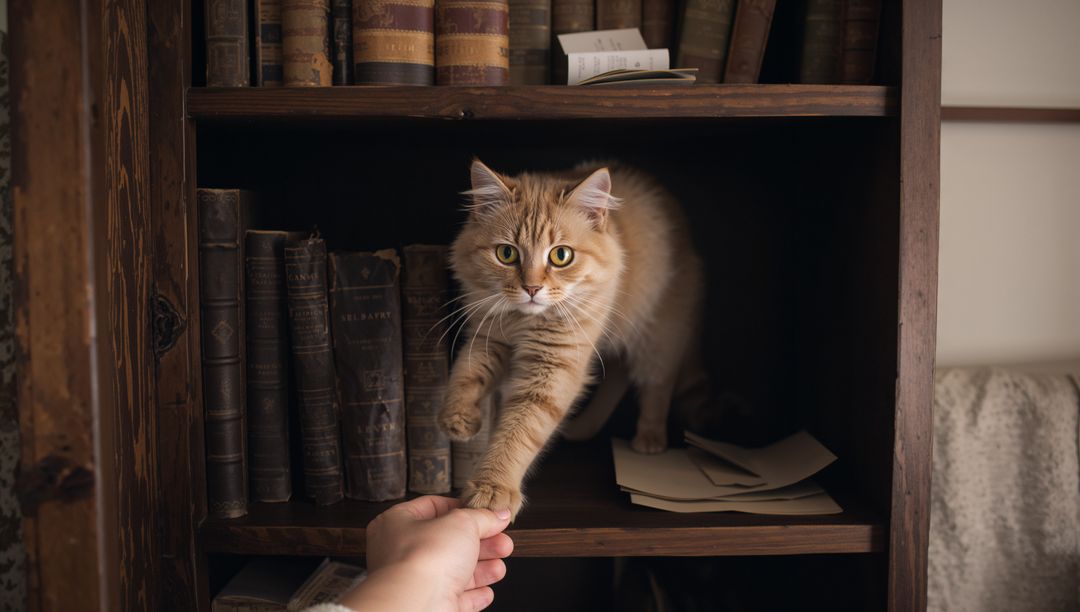Curious ginger tabby reaching paw to owner hand on vintage bookshelf with leather books
