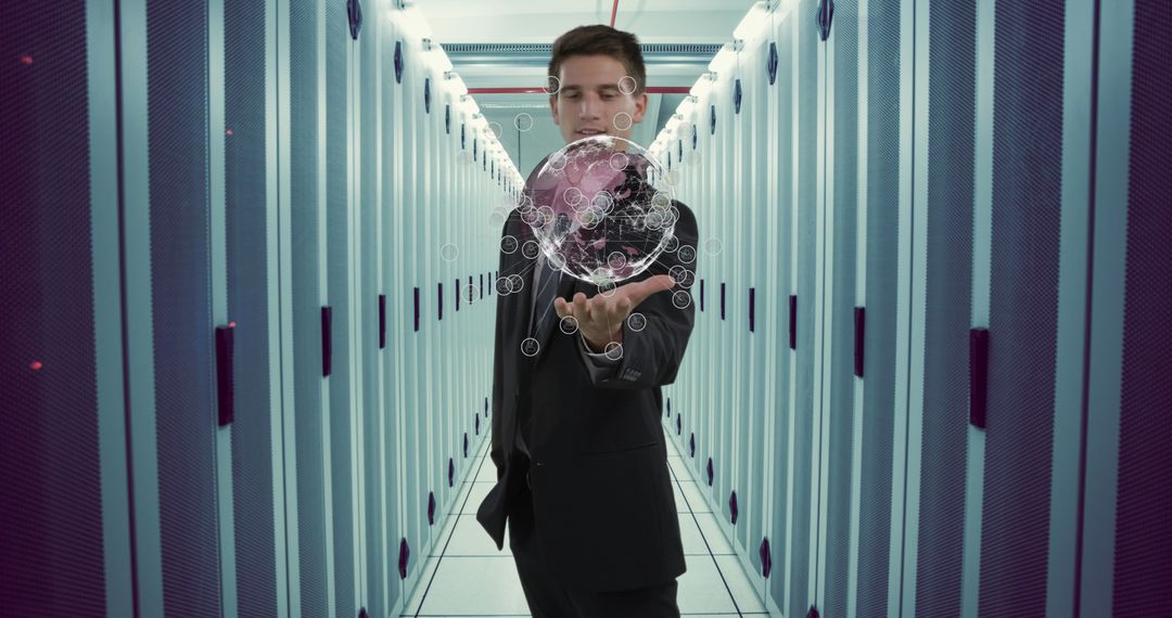 Businessman in Data Center Interacting with Digital Globe Visualization