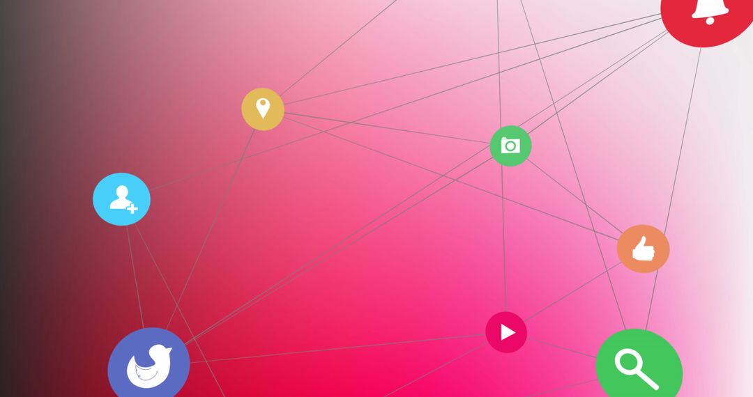 Abstract Network of Colorful Icons on Pink Gradient Background