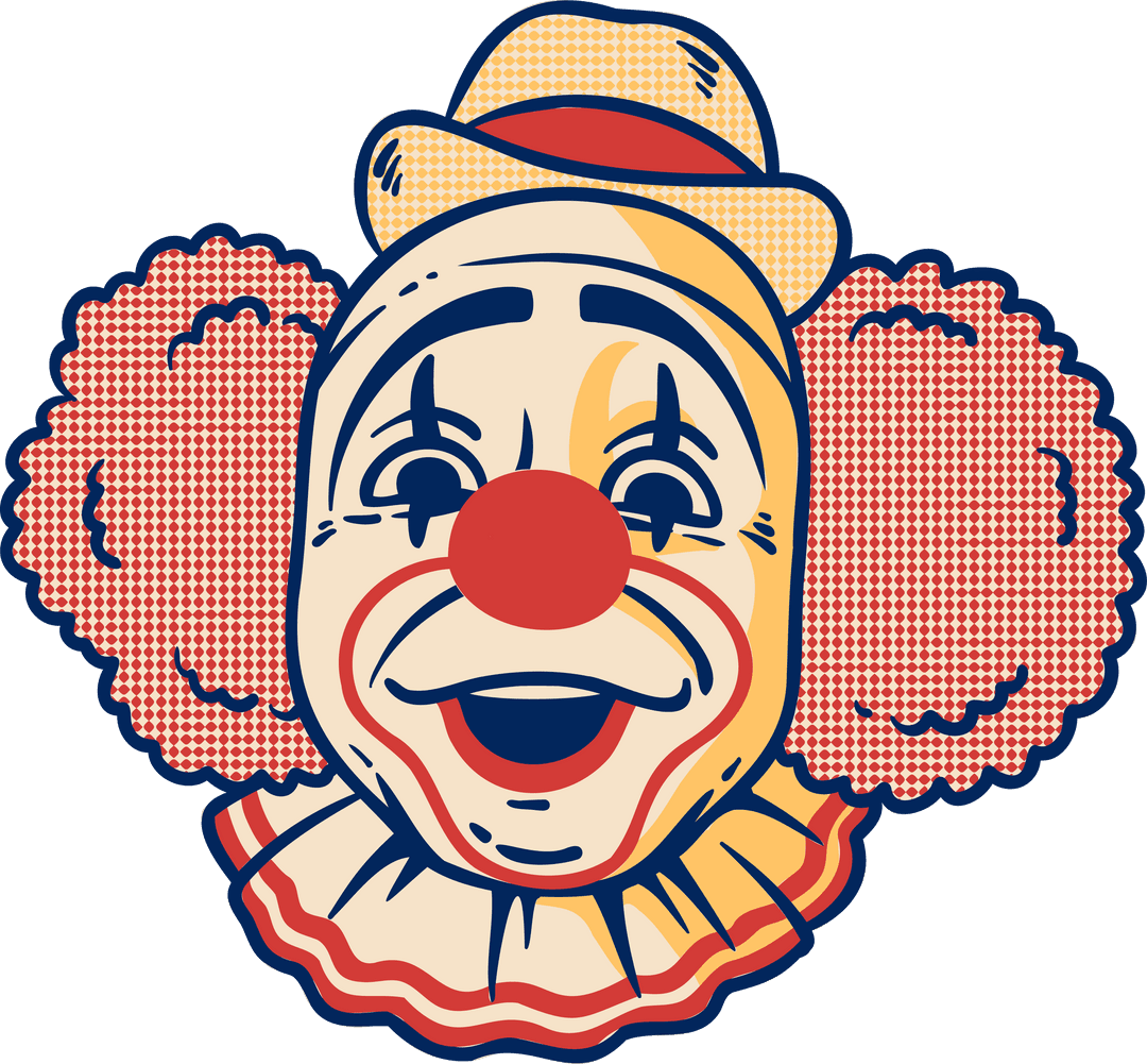 Vintage Clown Face Illustration with Red Nose and Hat on Transparent Background