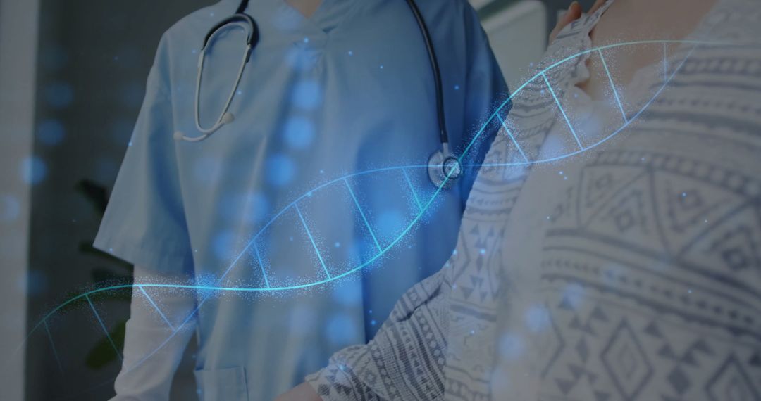 DNA Strand Holographic Overlay with Doctor and Patient Indoors