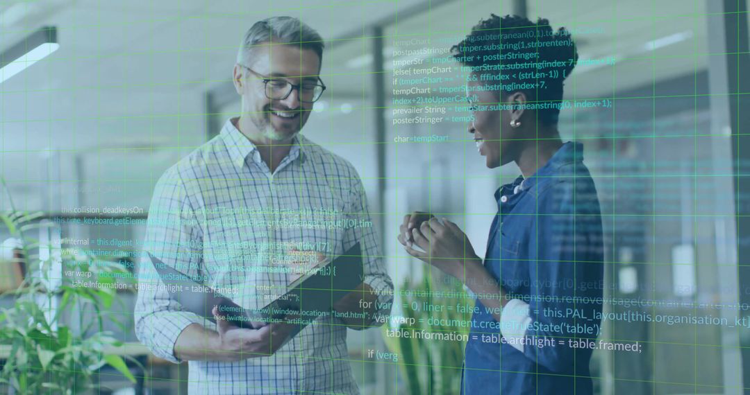 Collaborative Tech Team in Modern Workplace with Data Overlay