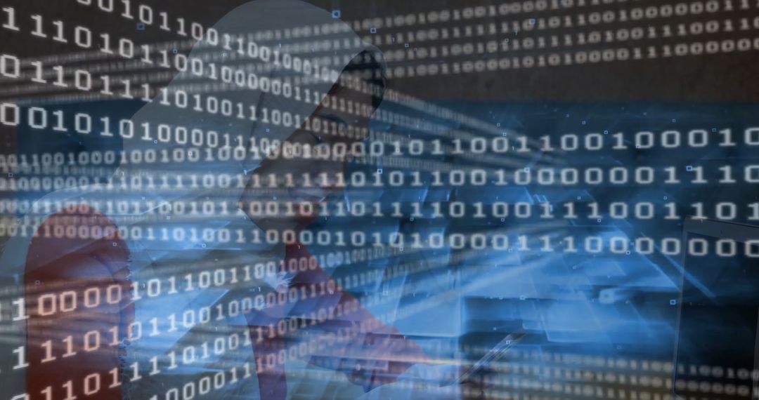 Woman Working on Laptop with Binary Code and Digital Overlay