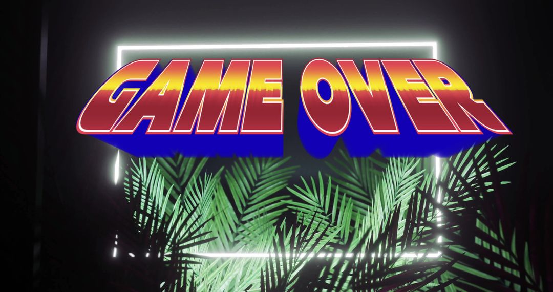 Vibrant 3D Game Over Text with Neon Frame and Ferns Background