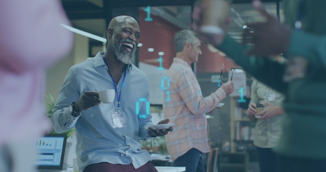 Businessman Engaging in Office Java Dialogue Amidst Becoding Backdrop