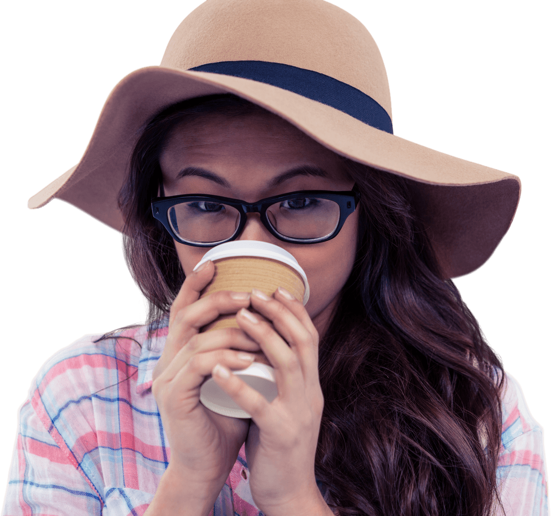 Transparent Woman in Hat Drinking Coffee Odd Concept