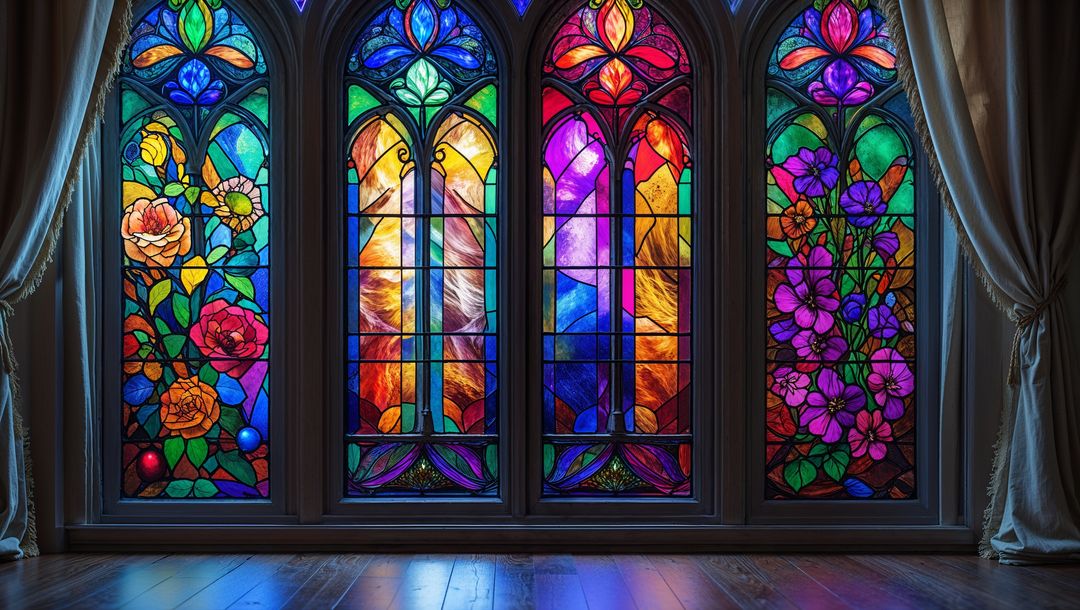 Colorful Stained Glass Windows in Chapel with Floral Motifs