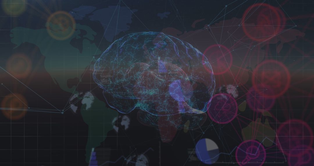 Digital Brain with Global Data Visualization Over World Map