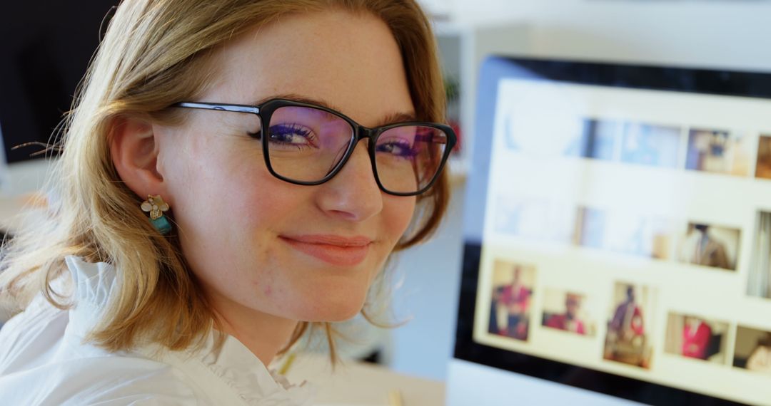 Smiling Female Graphic Designer with Glasses in Office