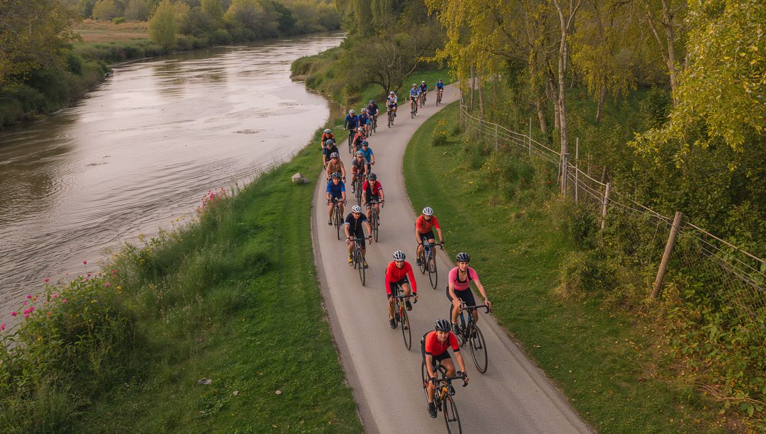 Cyclists Riding Along a Serene Riverside Trail at Sunset
