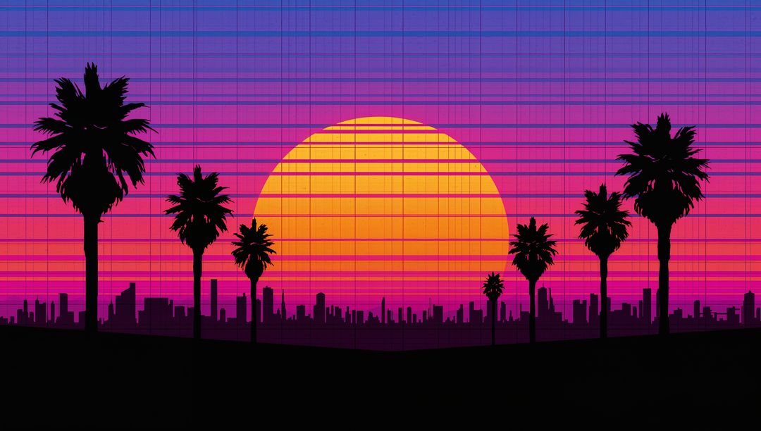 Glowing Retro Sun Dominating Neon Skyline with Palm Silhouettes in Synthwave Sunset