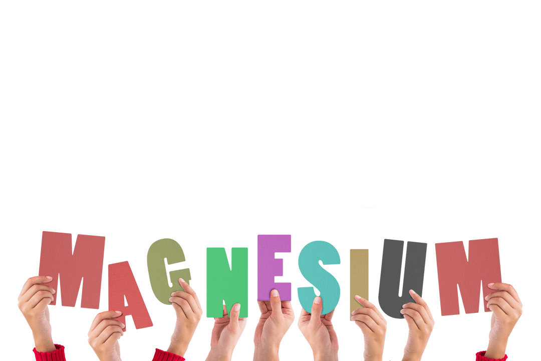 Hands Holding Magnesium Text on Transparent Background