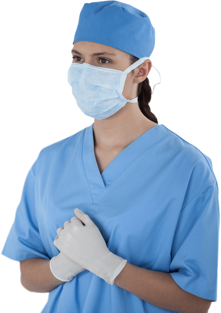 Thoughtful Female Surgeon in Blue Scrubs on Transparent Background