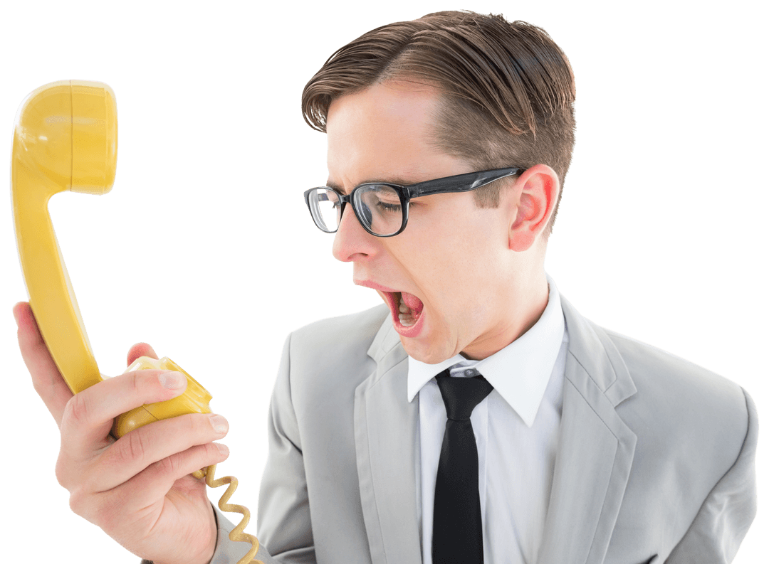 Transparent Businessman Shouting at Vintage Telephone