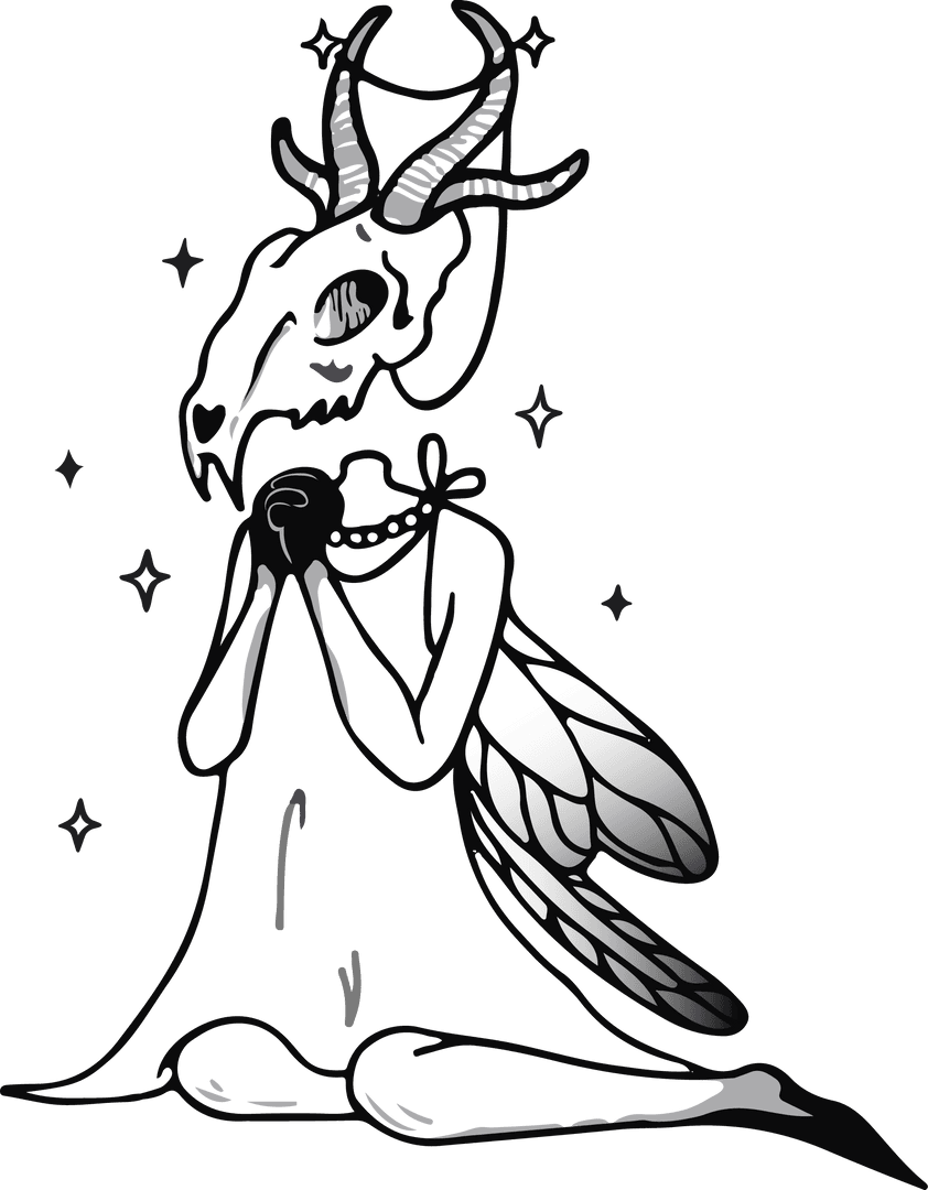 Kneeling Mythical Creature with Horned Skull and Wings on Transparent Background