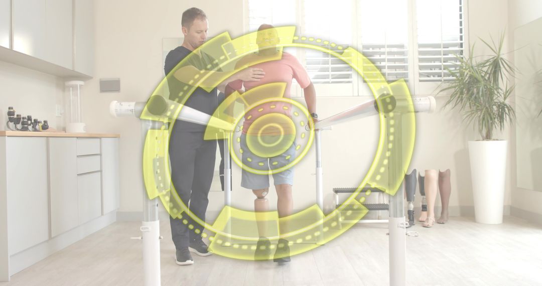 Therapist Guiding Patient Walking with Prosthetic Leg Using Parallel Bars in Clinic