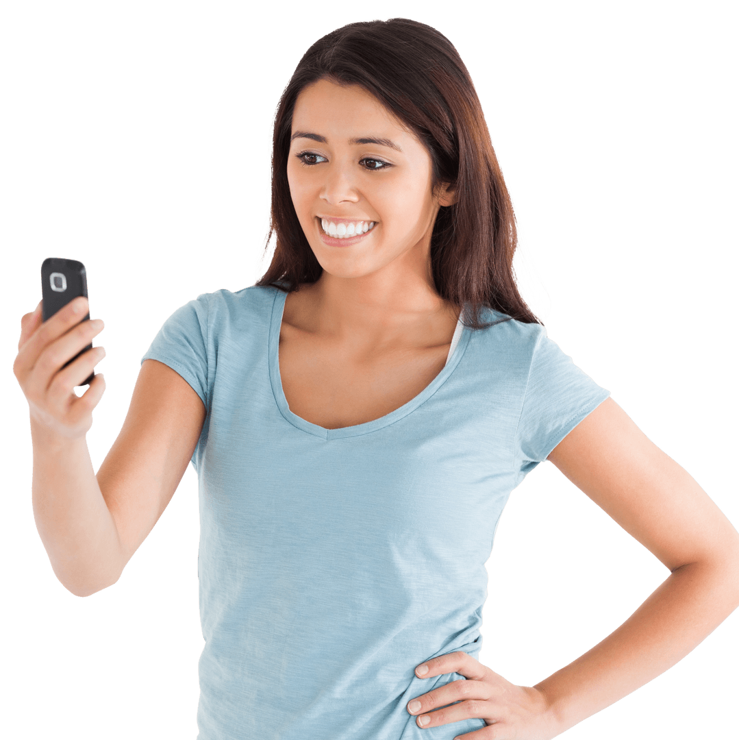 Smiling Woman Looking at Mobile Phone on Transparent Background