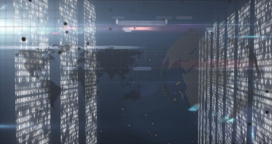 Futuristic Virtual Datacenter with Rising Binary Code Pillars