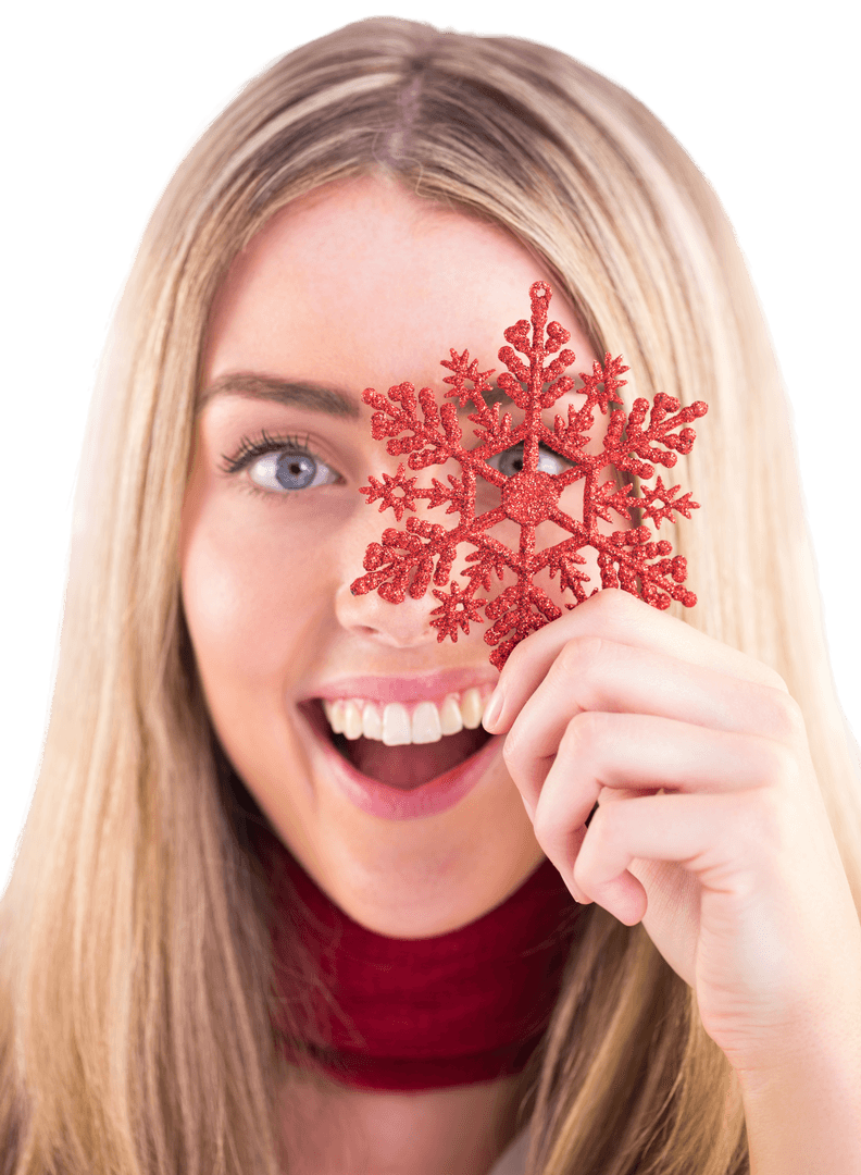 Cheerful Woman Holding Red Snowflake on Transparent Background