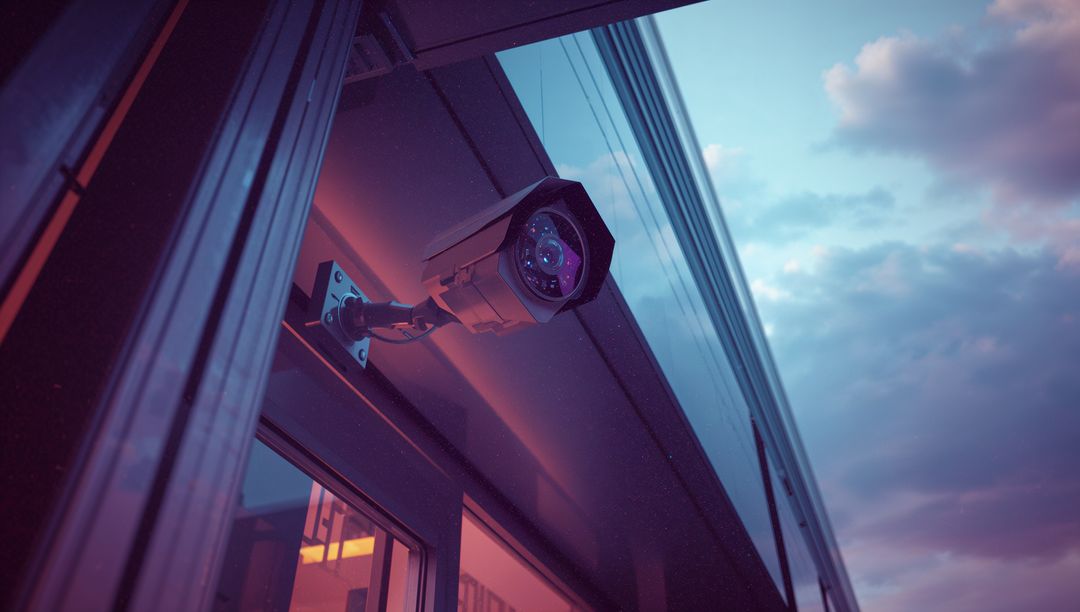 Security Camera Observing at Modern Building Facade with Warm Lighting