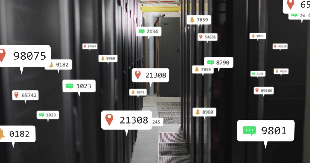 Modern Data Center Corridor with Floating Digital Labels