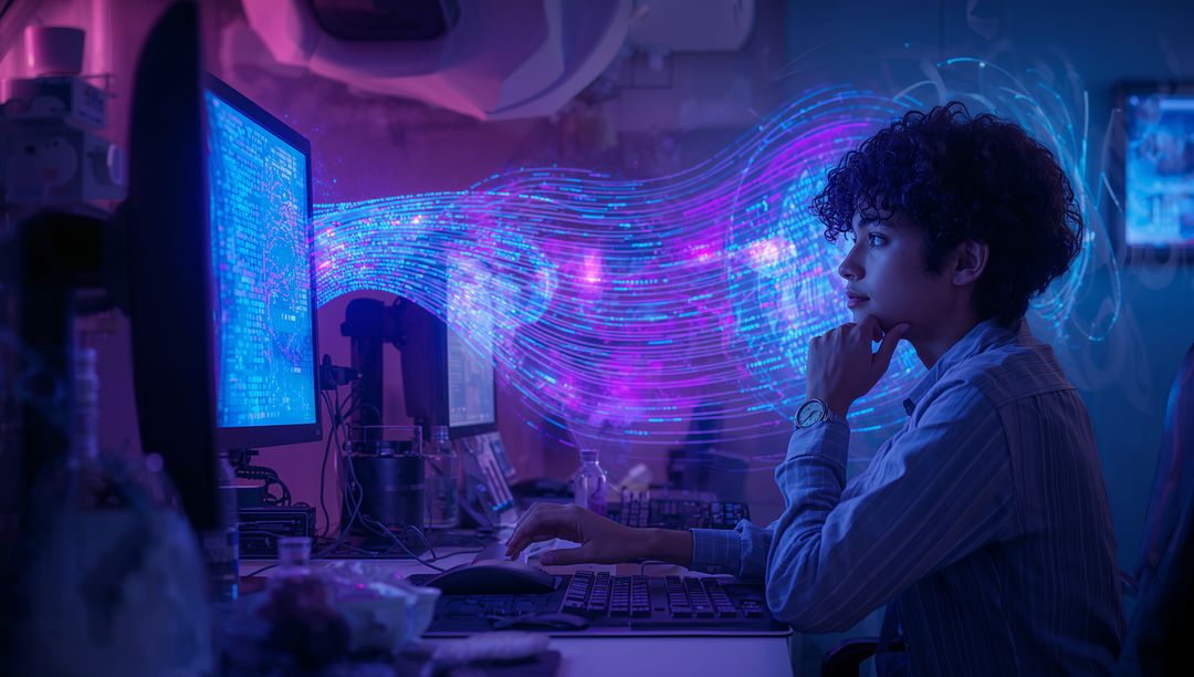 Coding developer at dual-monitor workstation with neon data stream visualizing AI insights