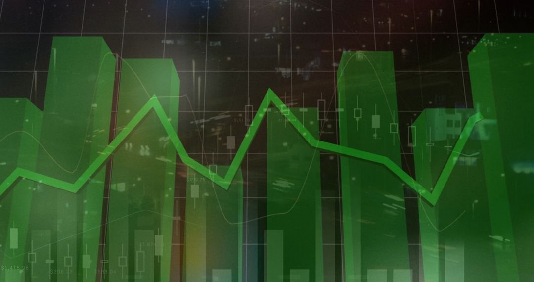 Green Bar Chart and Line Graph Overlay on Cityscape at Night