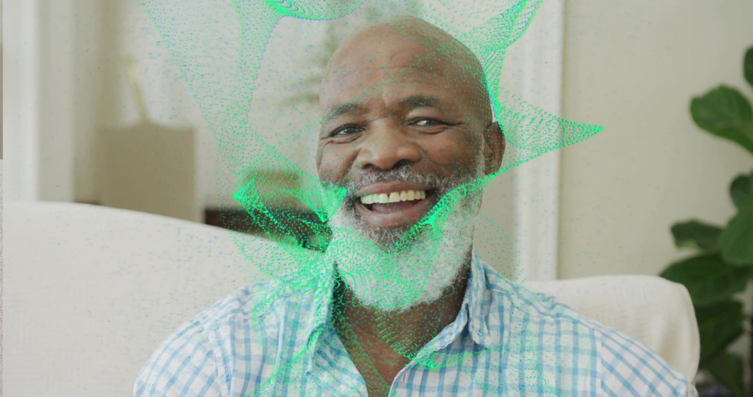 Senior Man Engaging with Holographic Projection at Home