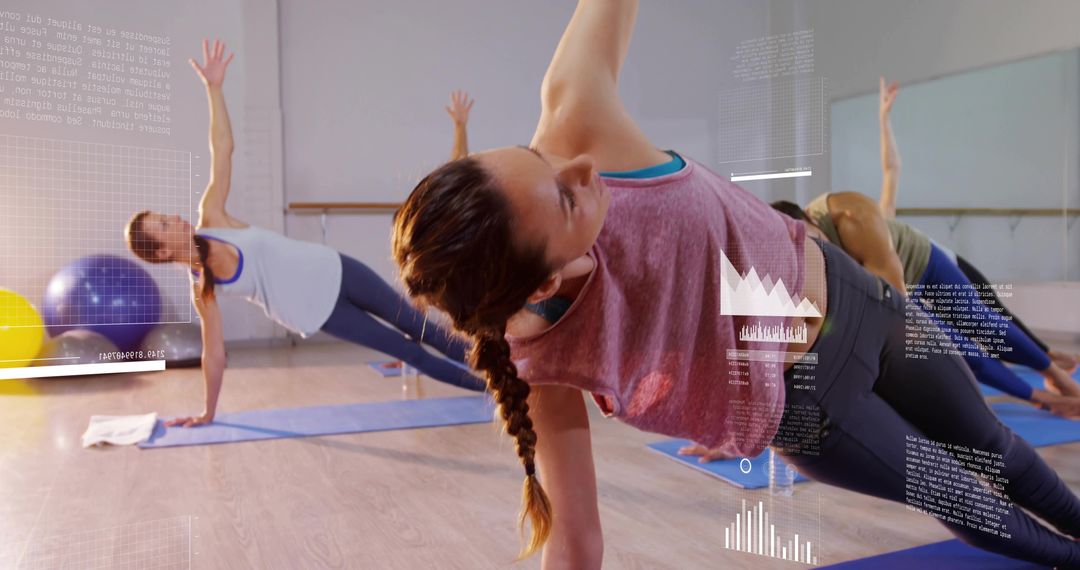 Women doing side plank in barre fitness class with wearable performance analytics overlay