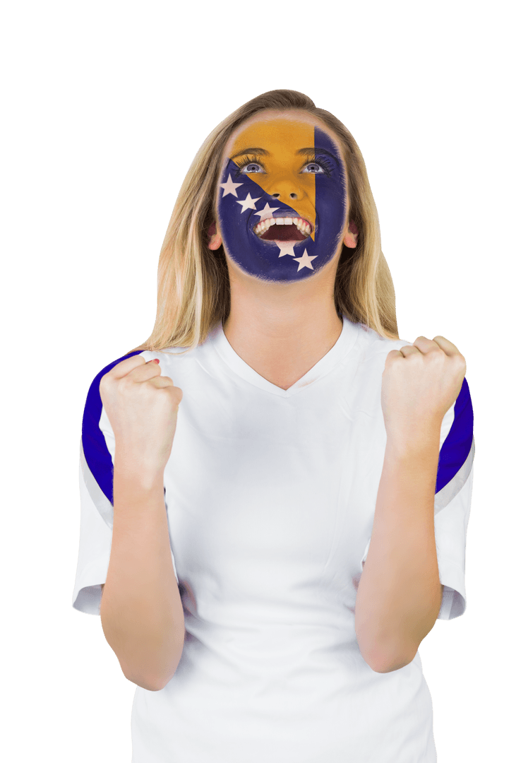 Excited Fan with Transparent Bosnia Face Paint Cheering