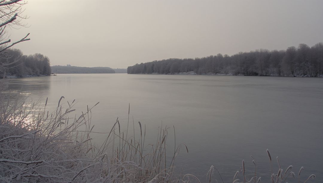 Icy river stretching toward misty horizon with frost-covered reeds and bare winter trees