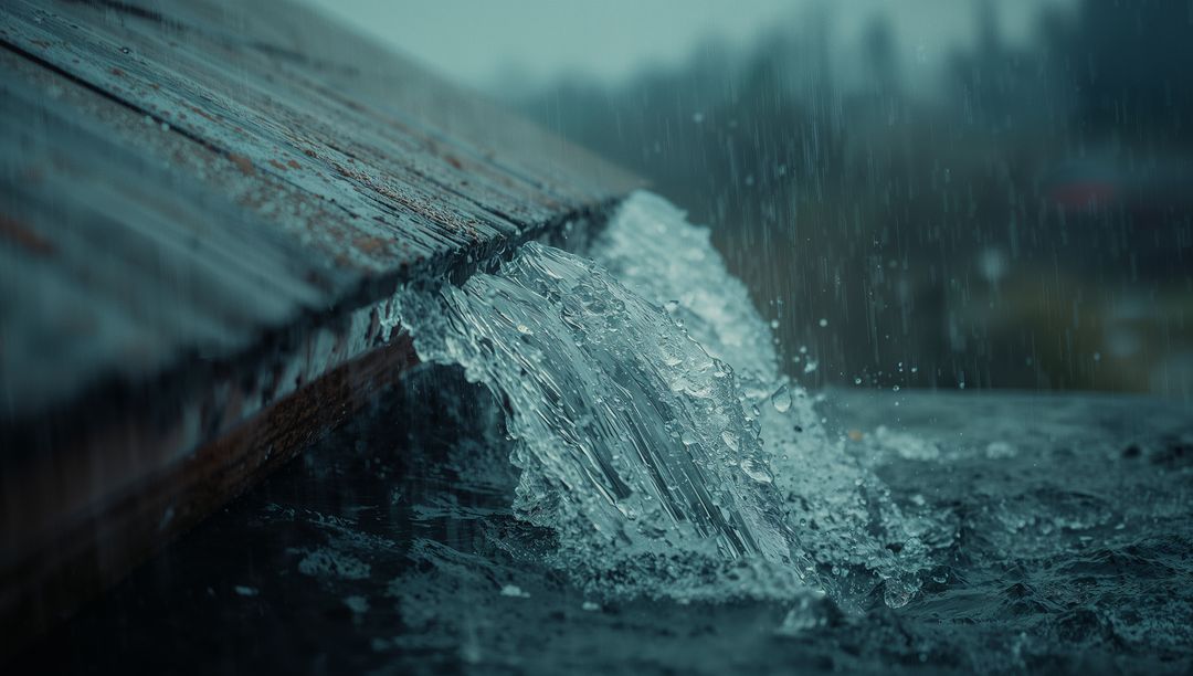 Heavy Rainwater Cascading Off Rusted Metal Roof