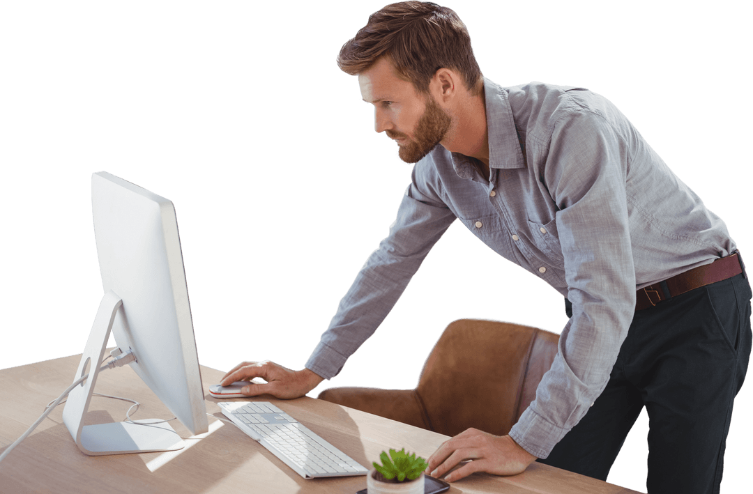 Transparent Image of Businessman Focused at Workstation
