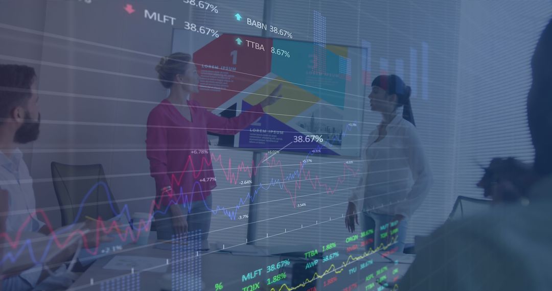 Financial Analysis Meeting with Diverse Team and Digital Data Overlay