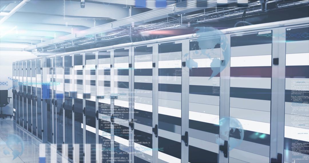 Row of Server Cabinets in Modern Data Center with Digital Overlays