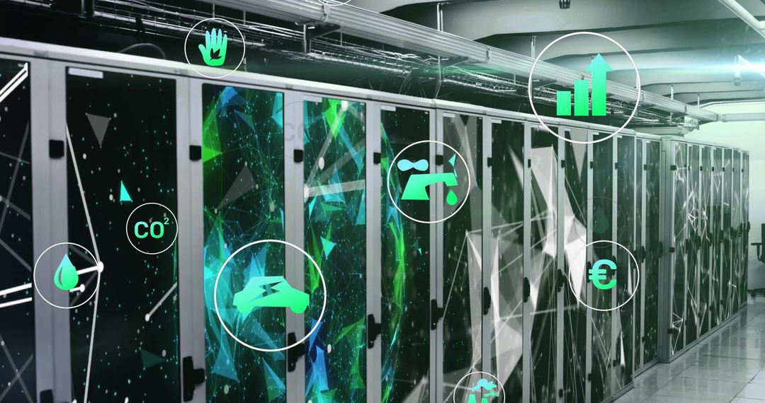 Ecology Icons Overlapping Server Room for Sustainable Technology Concepts