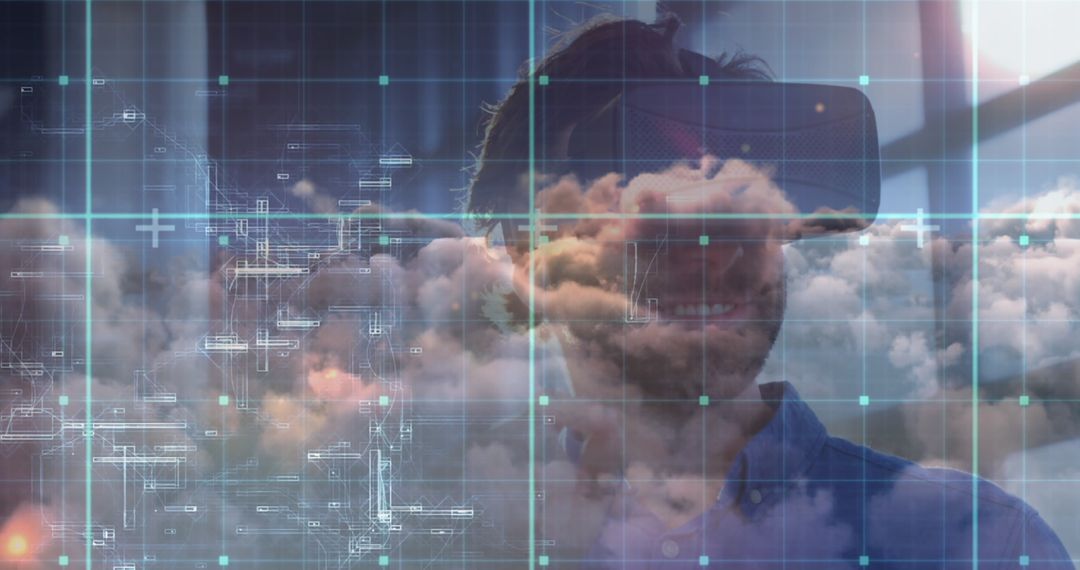 Man Experiencing Virtual Reality Amid Digital Clouds and Futuristic Grid