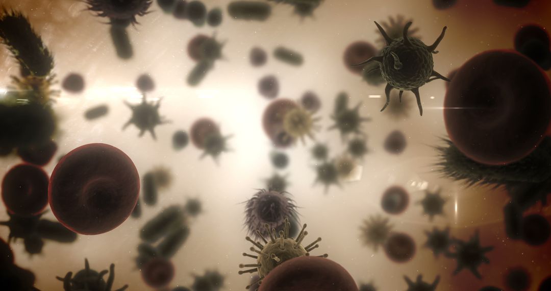 Close-Up of Viruses, Red Blood Cells, and Bacteria