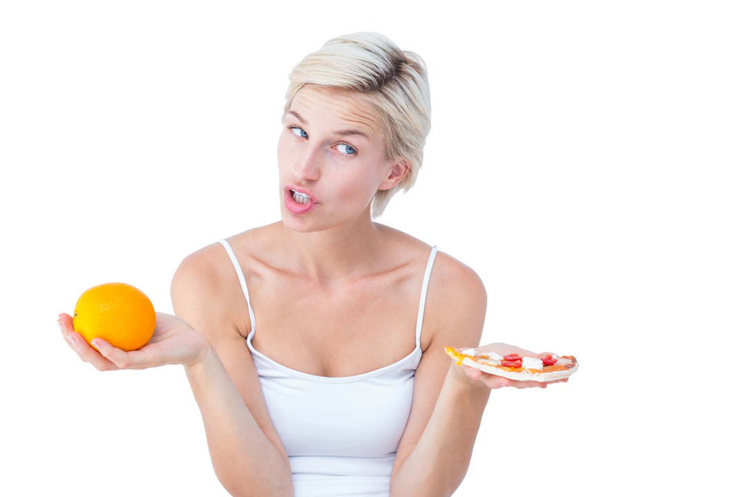 Woman Deciding Between Holding Slice of Pizza or Fresh Orange on Transparent Background - Download Free Stock Images Pikwizard.com