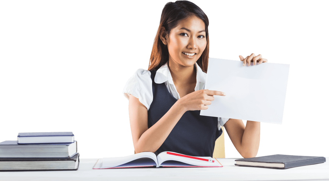 Transparent Smiling Businesswoman Pointing at Blank Paper