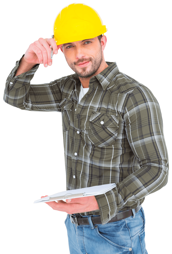 Handyman Smiling in Transparent Background Holding Clipboard