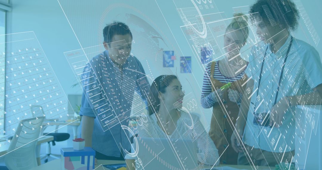 Financial Data Interface with Diverse Team Collaborating in Modern Office