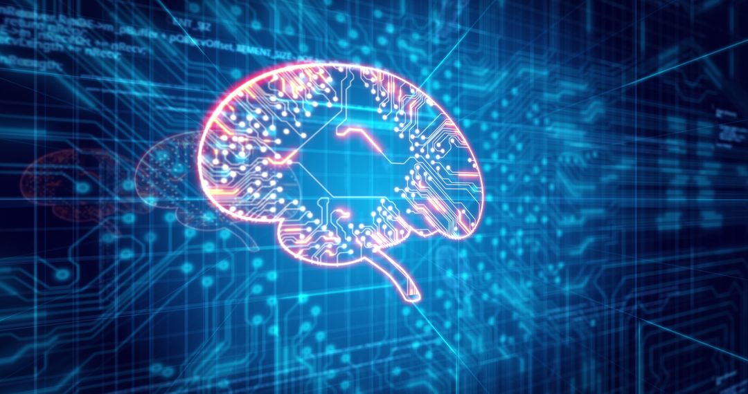Glowing Brain with Blue Processor Circuit Background