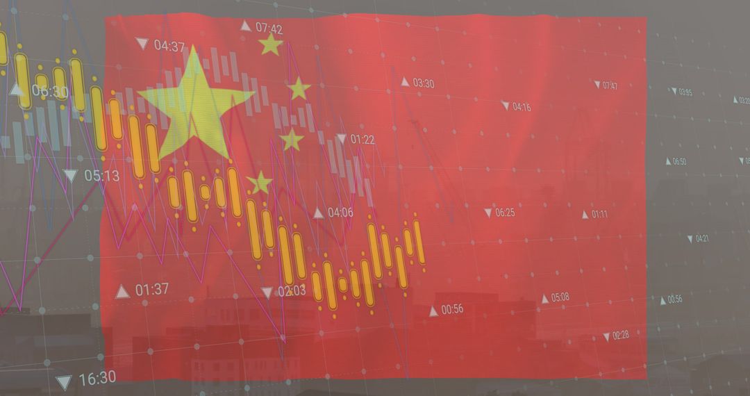 China Flag Overlay on Declining Stock Market Graph