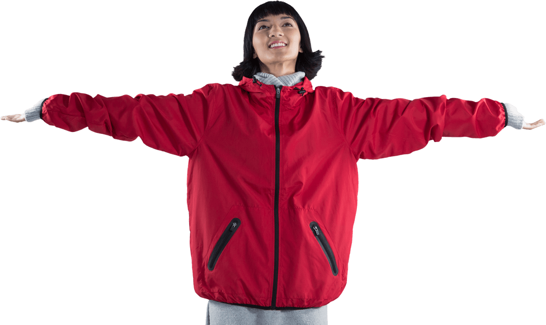 Transparent Image of Smiling Woman in Red Jacket with Arms Outstretched