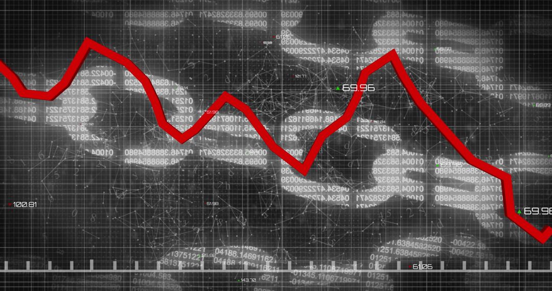 Red Line Showing Decrease on Digital Grid with Hacker Background